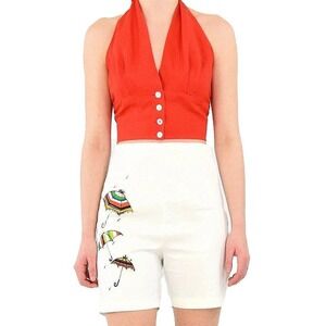 50s Vintage Umbrella Print Shorts Set Womens XS Red Halter Top High Waist White